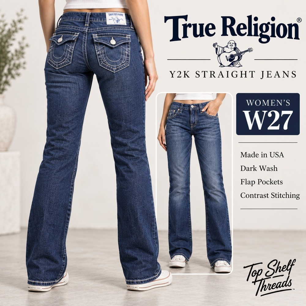 VTG Y2K True Religion Women W27 Section Straight Blue Flap Pocket USA Made Jeans